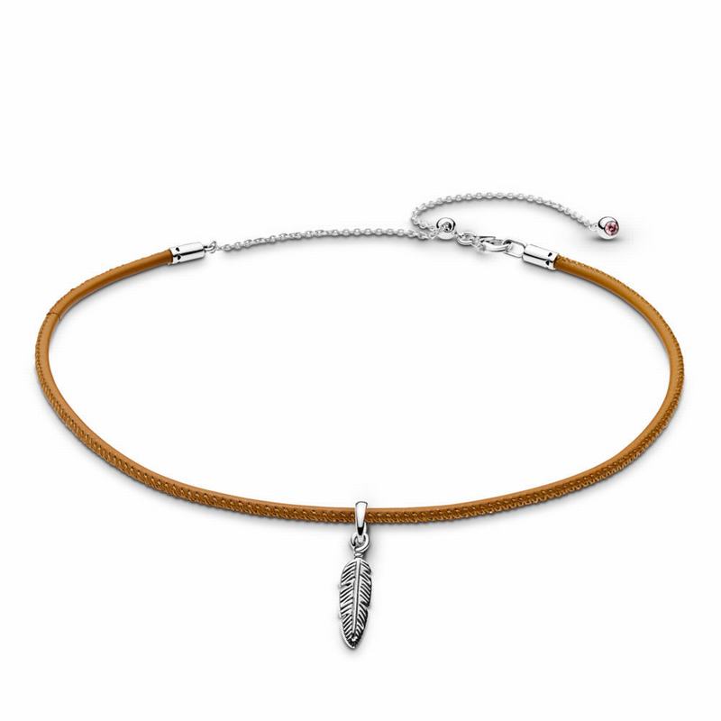 Pandora Golden Tan Leather Choker & Feather Ireland - Sterling Silver/Leather/Brown/Cubic Zirconia -